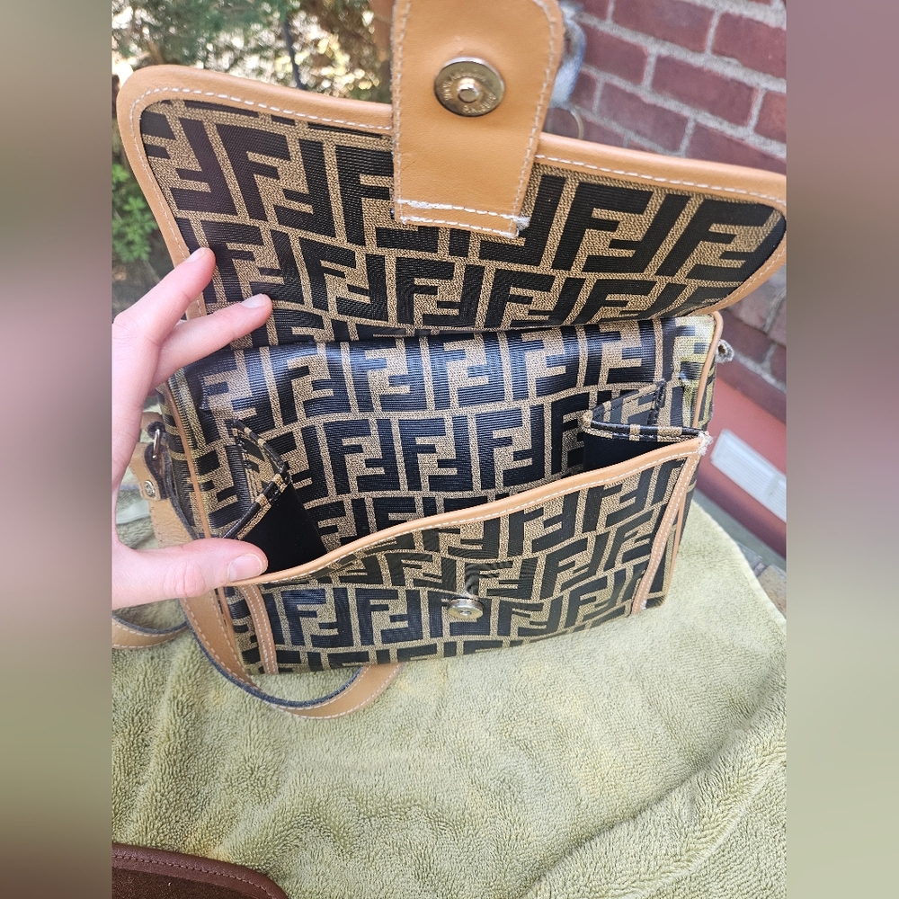 1970s Fendi Zucca Monogram Canvas Crossbody Bag in Black & Tan - Picture 7 of 12